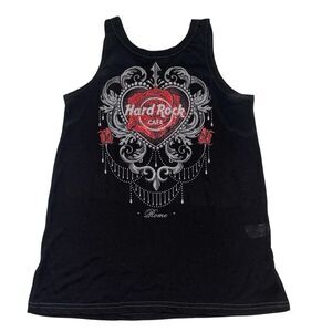 Hard Rock Cafe Rome Italy Tank Top S Womens Couture Roses Black V Strappy Back
